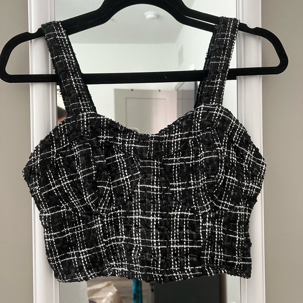 Japna Women’s Cropped Tweed Top, Size S, Black/White Plaid